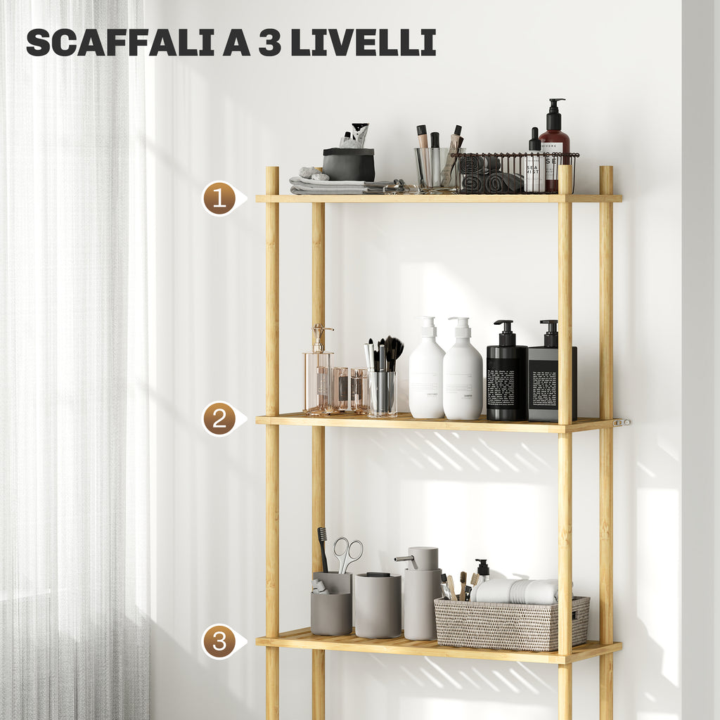 3-Tier Bamboo Slatted Over Toilet Cabinet, Wood Color, 63.5x25.5x181 cm