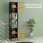 HOMCOM Slatted Bathroom Cabinet with 2 Open Shelves and 2 Cabinets, in MDF and Bamboo, 32x30x172 cm, Black and Wood Color - Borgè