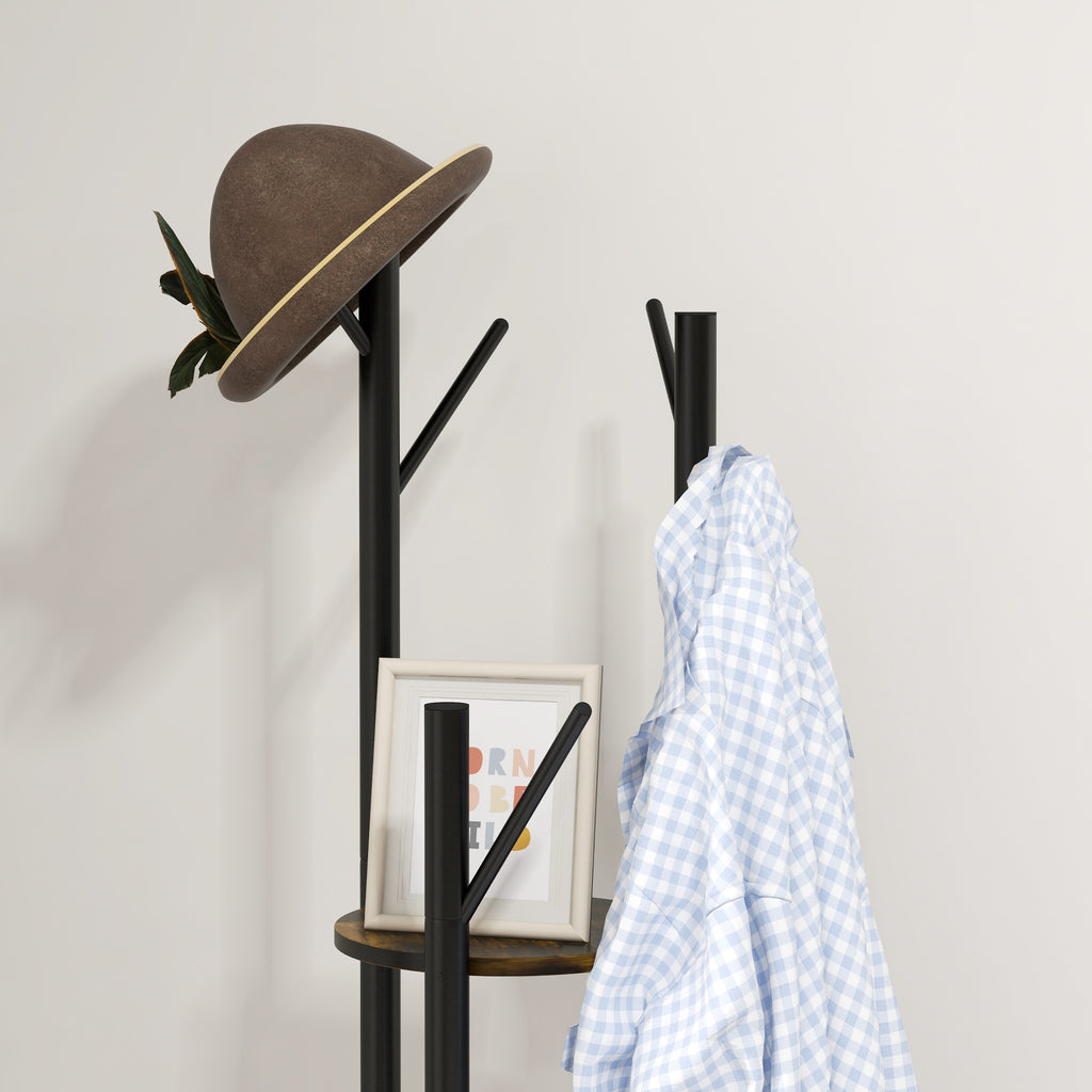 Industrial Style Rotating Floor Coat Rack with 8 Hooks and 4 Shelves, Ø30x175cm, Brown