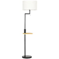 HOMCOM Floor Lamp with Integrated Bamboo Shelf, Linen-Effect Fabric Shade, Steel Base, Black and Beige