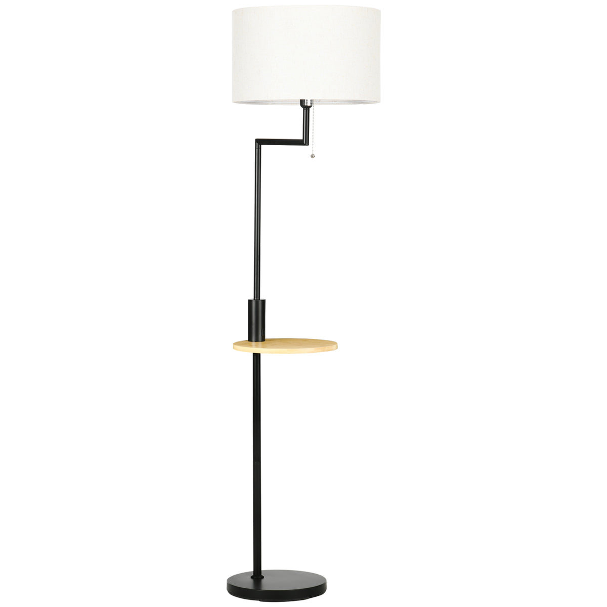 HOMCOM Floor Lamp with Integrated Bamboo Shelf, Linen-Effect Fabric Shade, Steel Base, Black and Beige