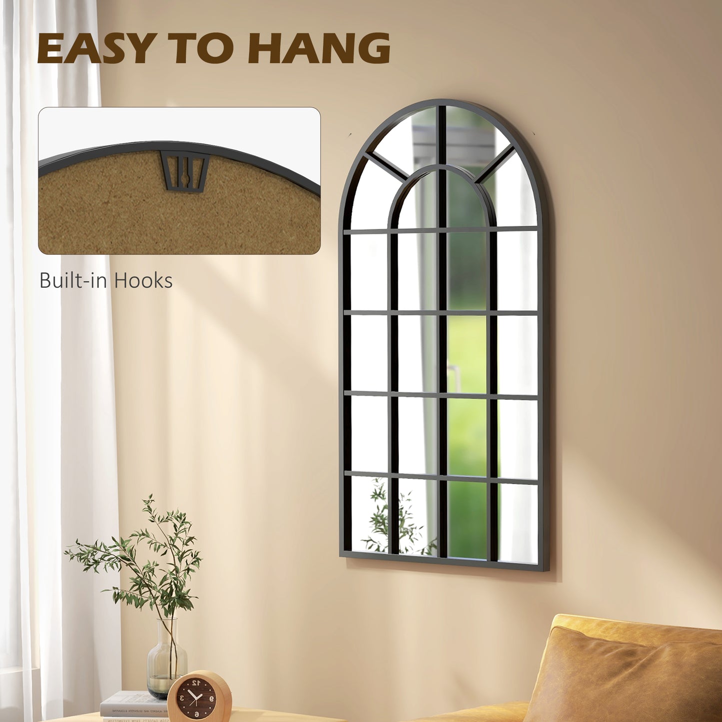 Wall Mounted Arched Mirror for Home and Office, Glass and Metal, 62x2.5x110 cm, Black