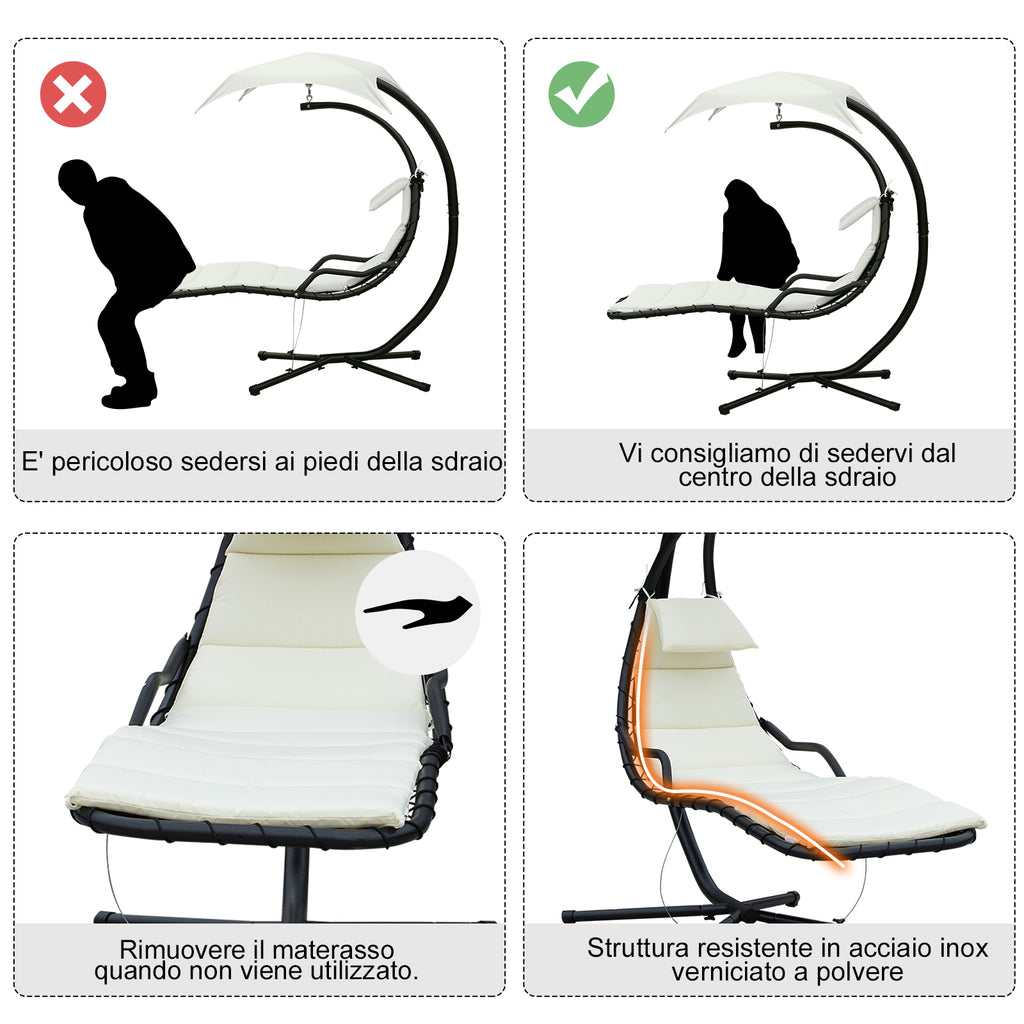 Hanging Garden Lounger, Padded Outdoor Hanging Lounger with Canopy, Cream 190x115x190cm