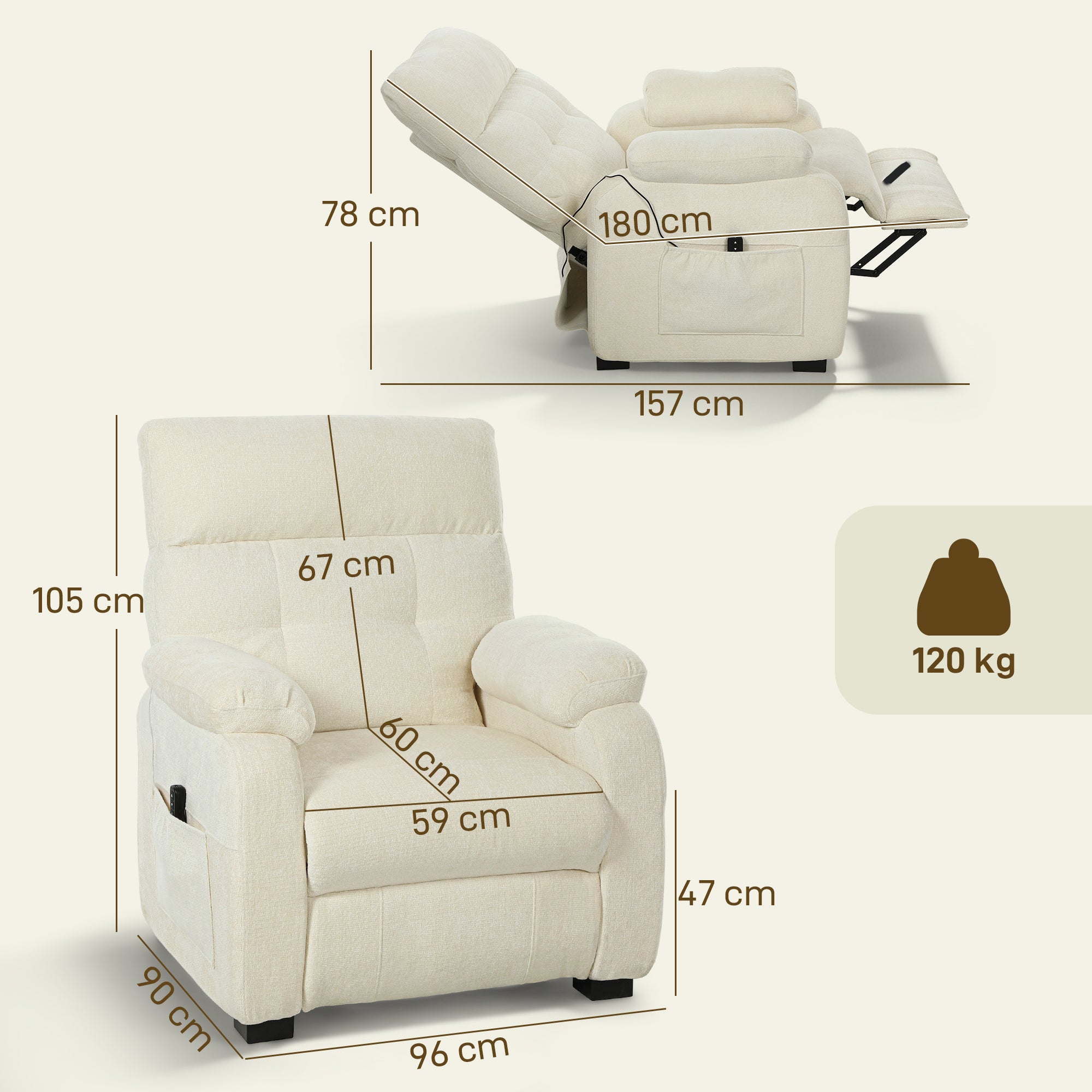150° Reclining Velvet Armchair with Footrest, Remote Control and Side Pocket, 96x90x105 cm, White