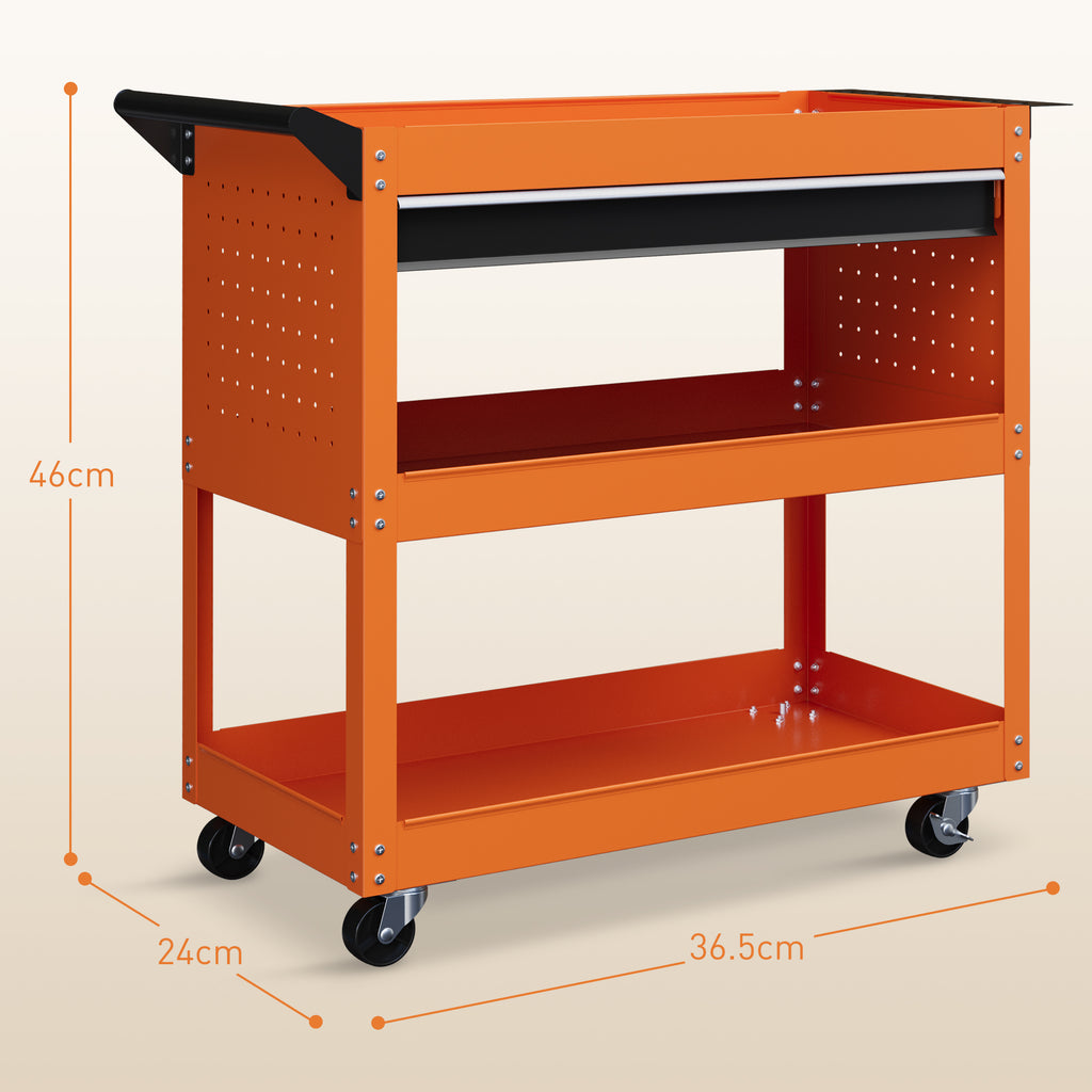 Tool Cart with Side Handle, Drawer and 3 Steel Shelves, 82x35x76 cm, Orange