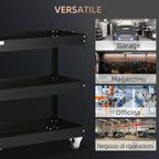3-Tier Steel Tool Cart with High Edges and 4 Swivel Wheels, 83x35.3x76 cm, Black