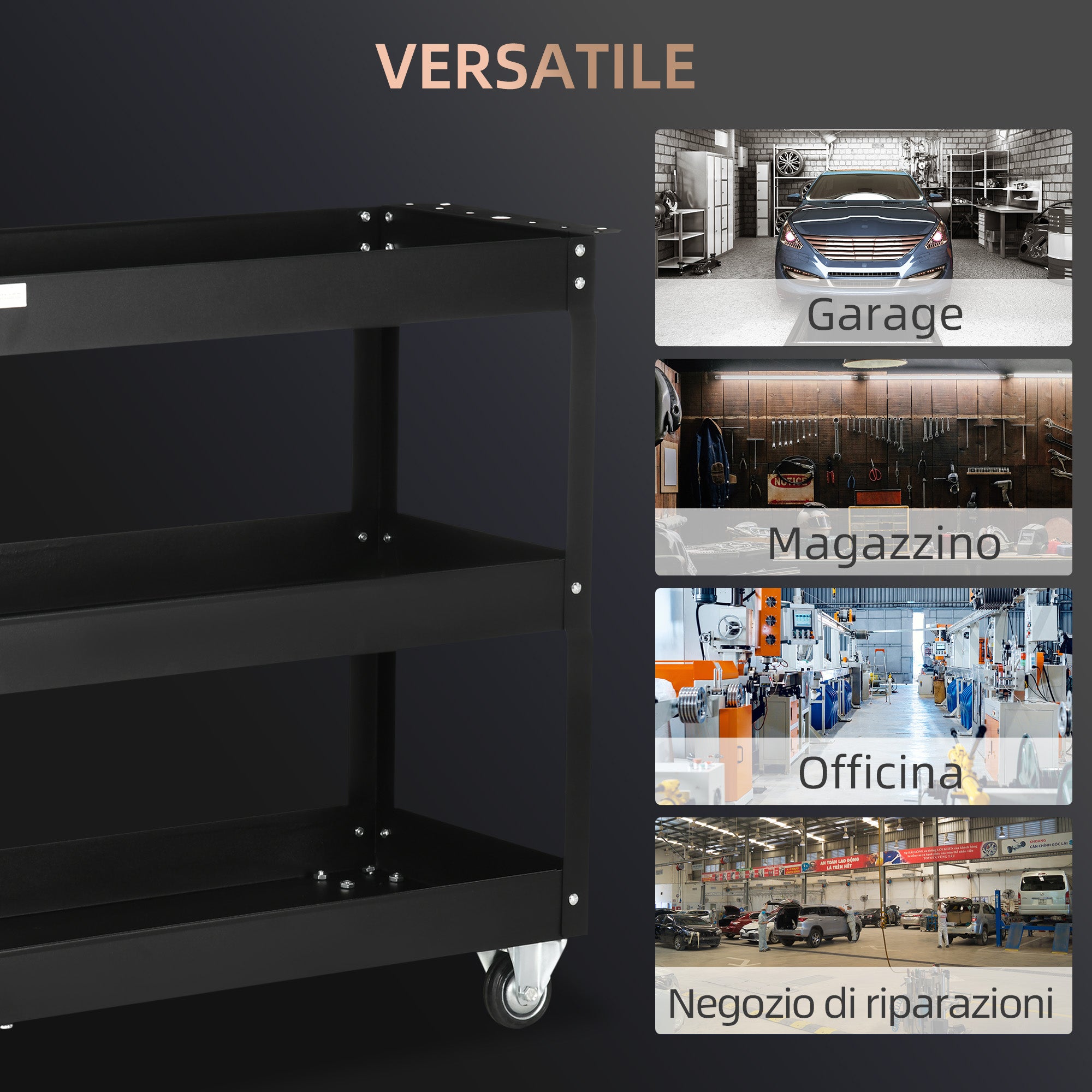 3-Tier Steel Tool Cart with High Edges and 4 Swivel Wheels, 83x35.3x76 cm, Black