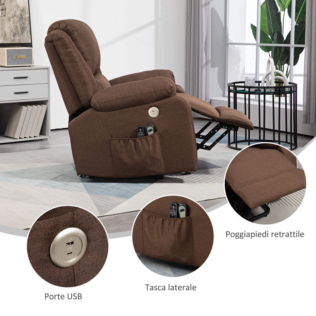 HOMCOM Reclining Lift Chair with Footrest, in Linen Effect Fabric, 87x92x105 cm, Coffee - Borgè
