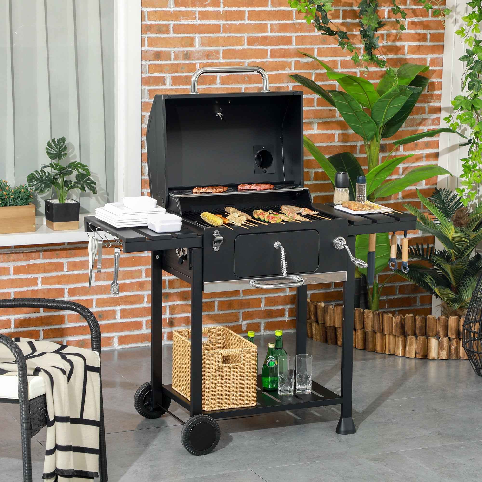 Outsunny Charcoal Barbecue with Lid, Thermometer, Adjustable Grill, Wheels and Side Tables, Black