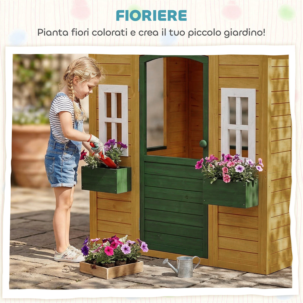 AIYAPLAY Children's Garden Playhouse Made of Fir Wood with Windows, 2 Planters, Door and Roof, Ages 3-8, Brown