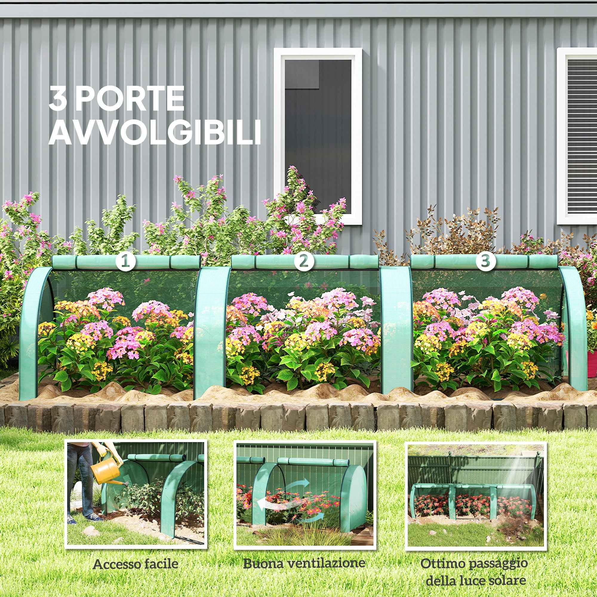 Outsunny Steel and PP Plastic Tunnel Greenhouse with Roll-Up Doors, 3x1x0.8 m, Green