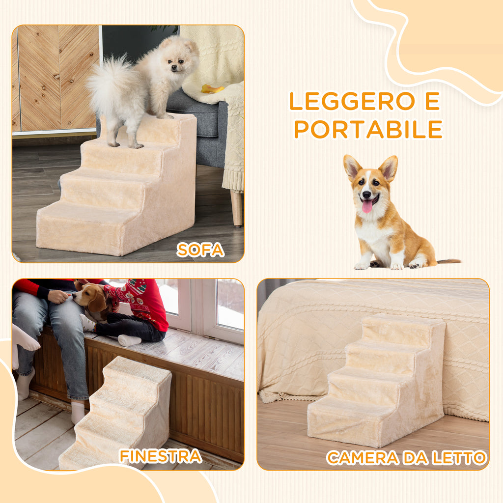 Portable 4-Step Dog Stairs, Removable Flannel and Chipboard, 60x35x44 cm, Beige