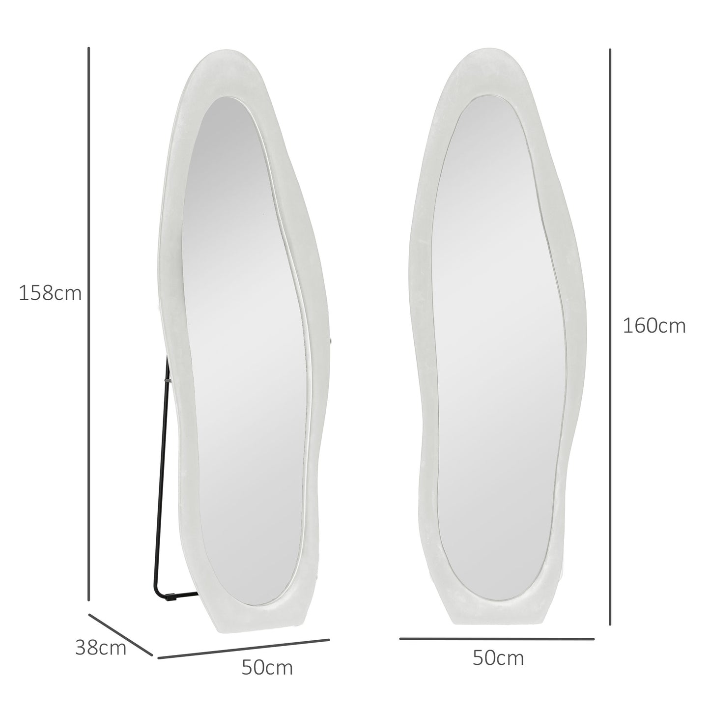 Full-length Mirror with Wavy Velvet Frame, Floor and Wall Mirror, 160x50 cm, White