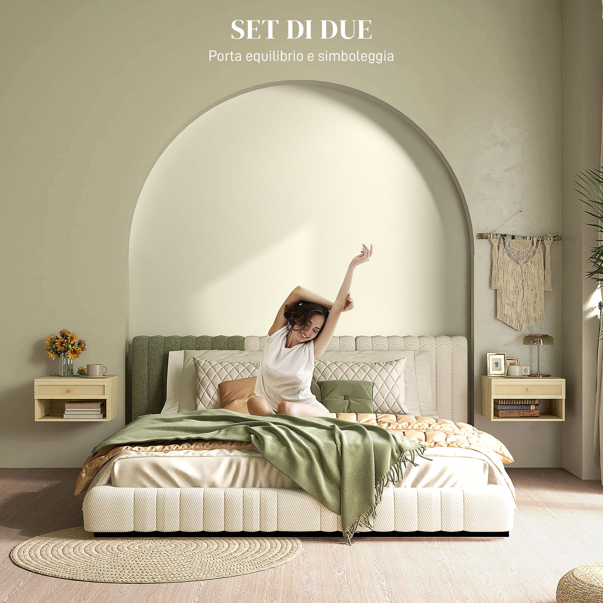 HOMCOM Set of 2 Bedside Tables with Drawer and Open Shelves in Nordic Style, in Chipboard and Rattan, 40x34x23 cm - Borgè