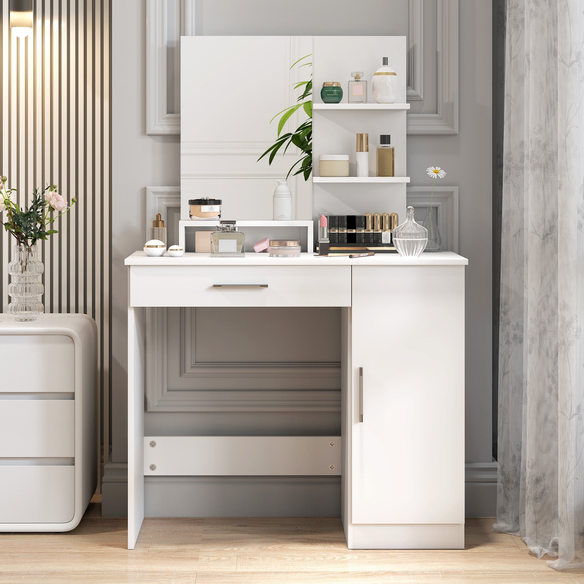 Dressing Table with Cabinet, Drawer, Makeup Mirror and Open Shelves, 90x38x138 cm, White
