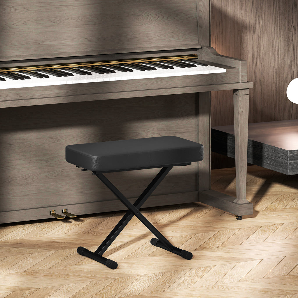 Piano Stool Foldable and Adjustable to 4 Heights, in PU Leather, Foam and Metal, 60x32x53-63 cm, Black