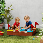 Sandpit for Children 3-7 Years in the Shape of a Castle with 4 Seats in Fir Wood, 90x90x17 cm, Multicolor