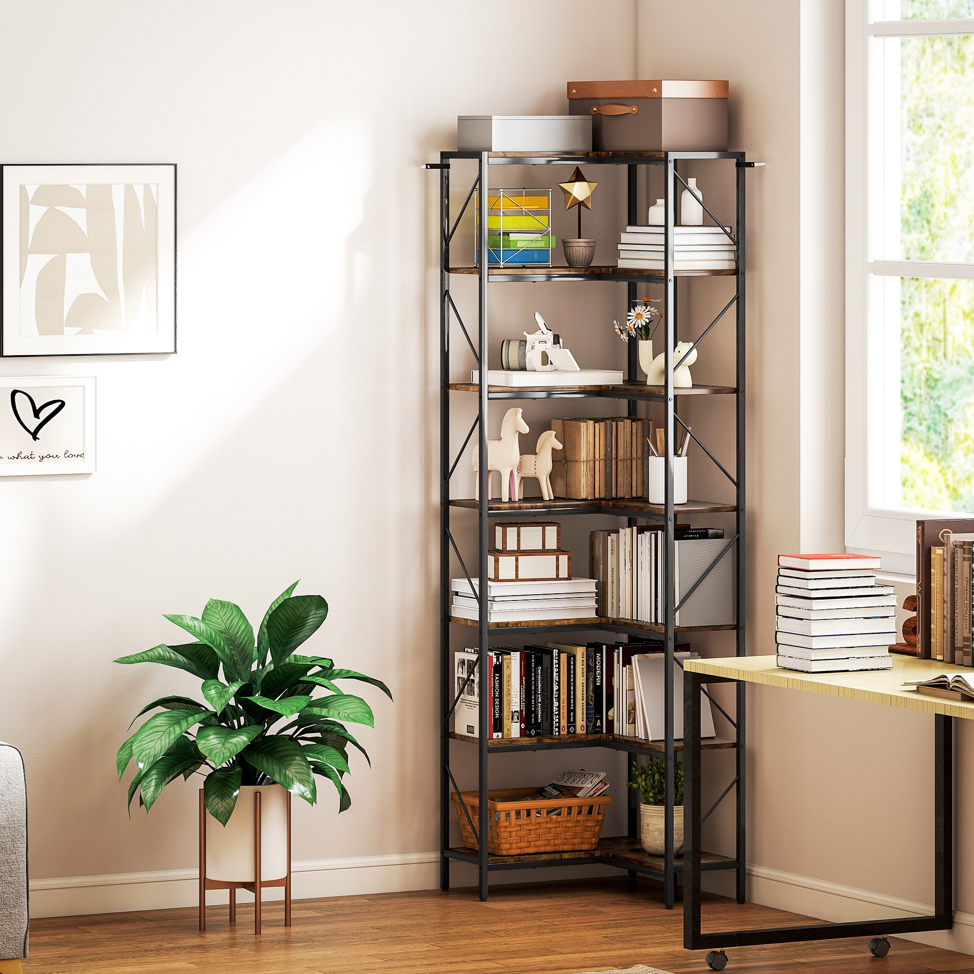 7-Tier Industrial Corner Bookcase, Wood and Steel, 60x60x198 cm, Rustic Brown