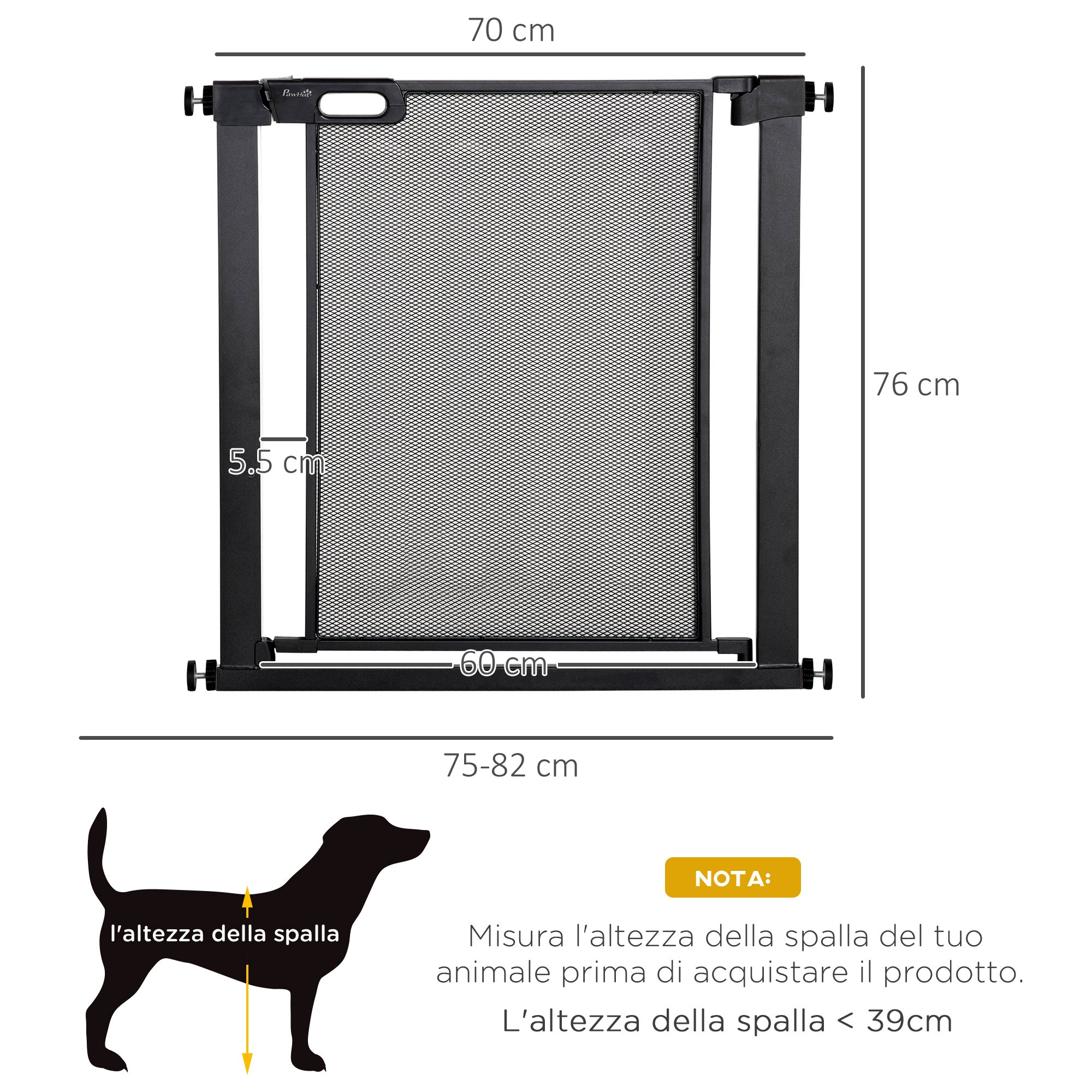 Push-Dog Gate with Automatic Closure, Steel and ABS, 75-82x76 cm, Black