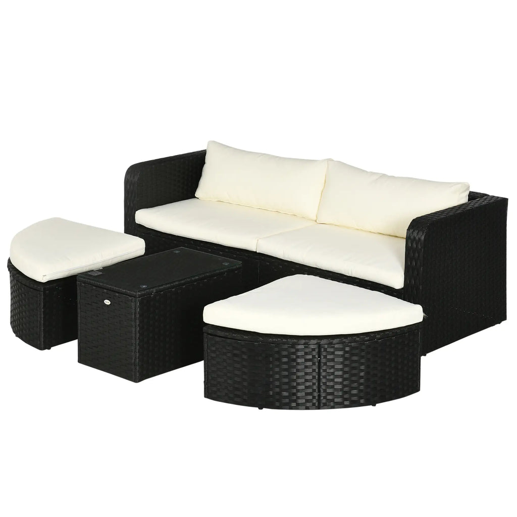 Garden Lounge Set with 2 Chairs and 2 Footstools in PE Rattan, Glass Coffee Table, Black - Borge' Group Limited