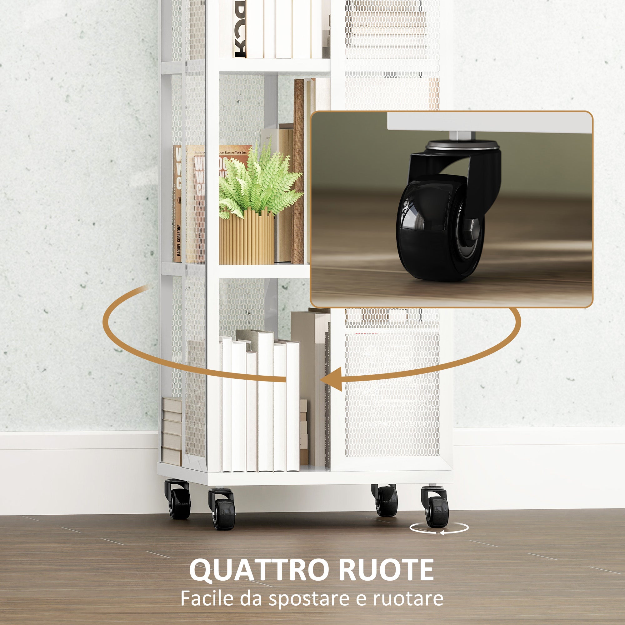 Modern 4-Tier Metal Mesh Bookcase with Wheels, 35x35x129cm, White