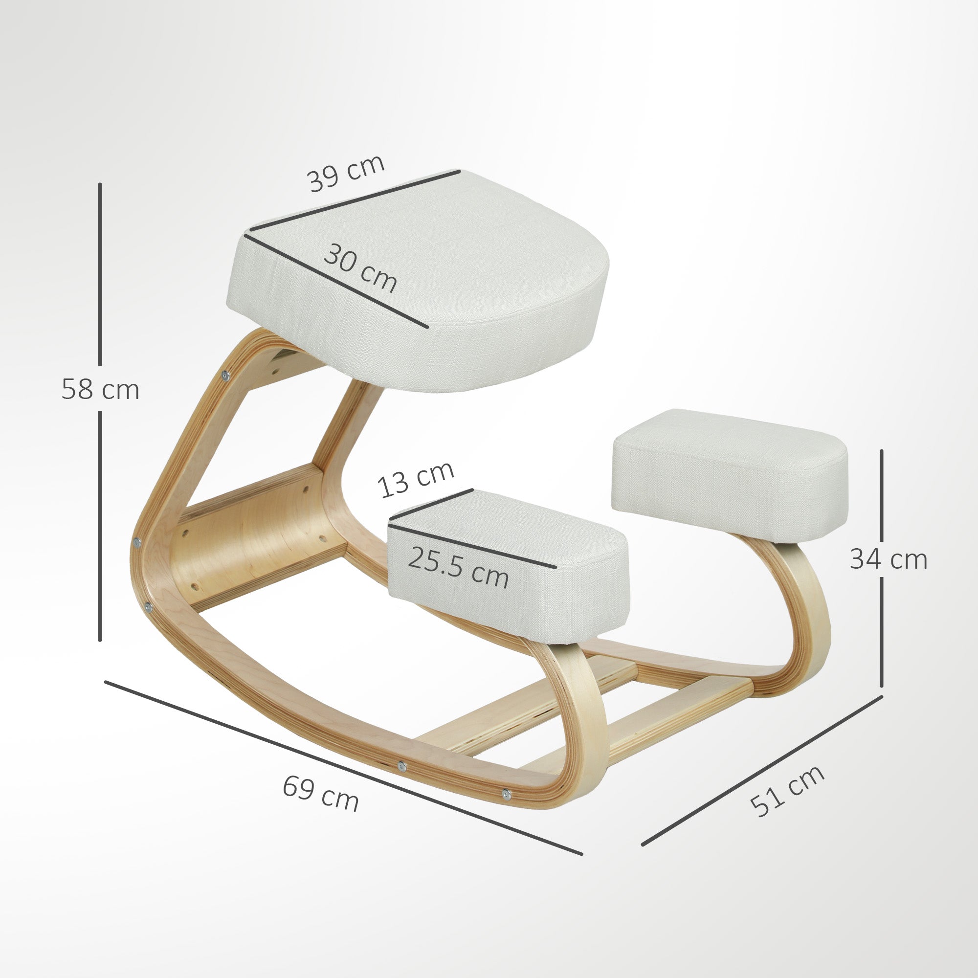 Ergonomic Chair with Birch Wood Kneeler and Cushion, 51x69x58 cm, Cream