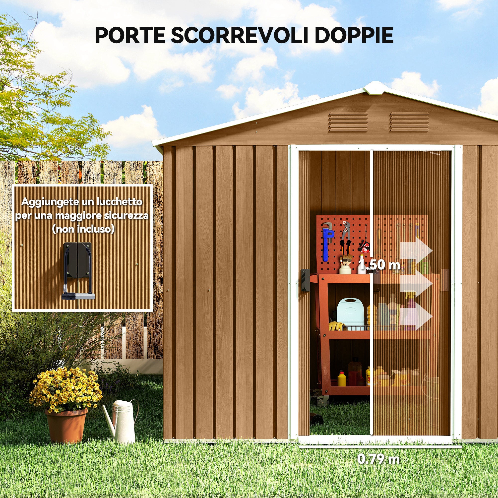 Steel Sheet Garden Shed with Sliding Doors, 236x174x190cm, Brown