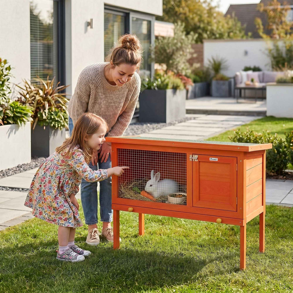 PawHut Outdoor Rabbit Hutch in Pine Wood with Removable Tray, Opening Roof and Lockable Door, Orange