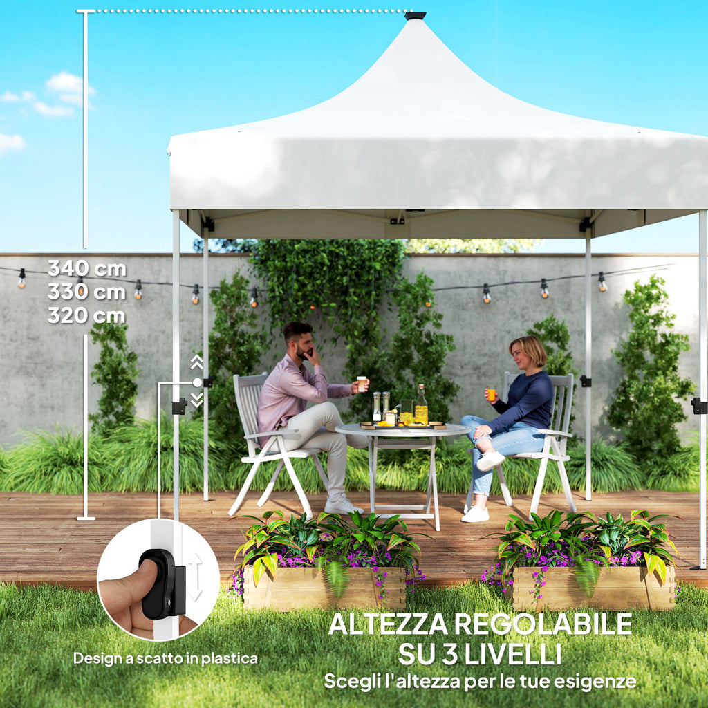 Pop Up Garden Gazebo 3x3 m with Adjustable Height with Solar LED Lights, in Oxford Fabric and Metal, White