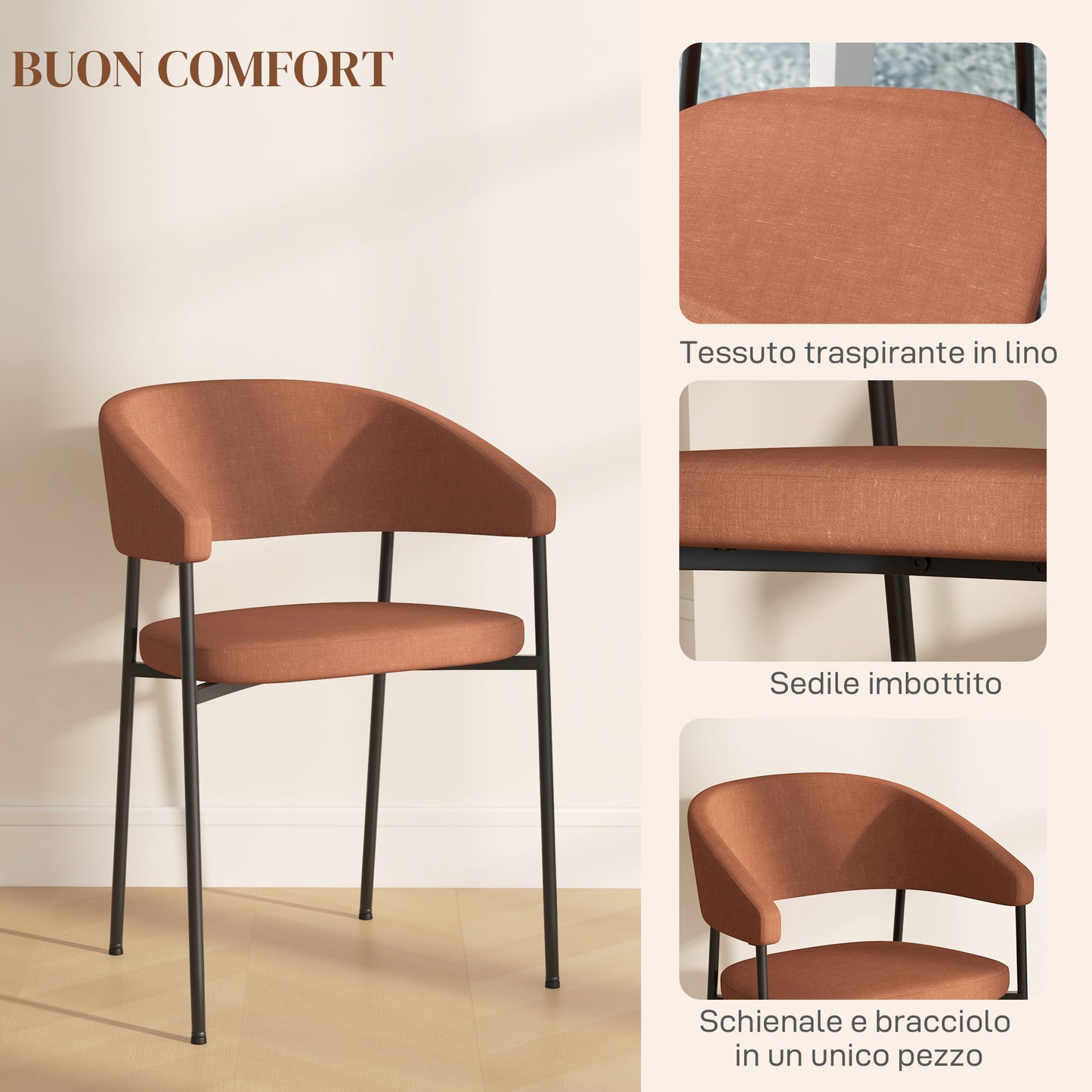 HOMCOM Set of 2 Padded and Monobloc Dining Chairs, in Linen Effect Fabric and Steel, 59x56x78 cm, Orange - Borgè