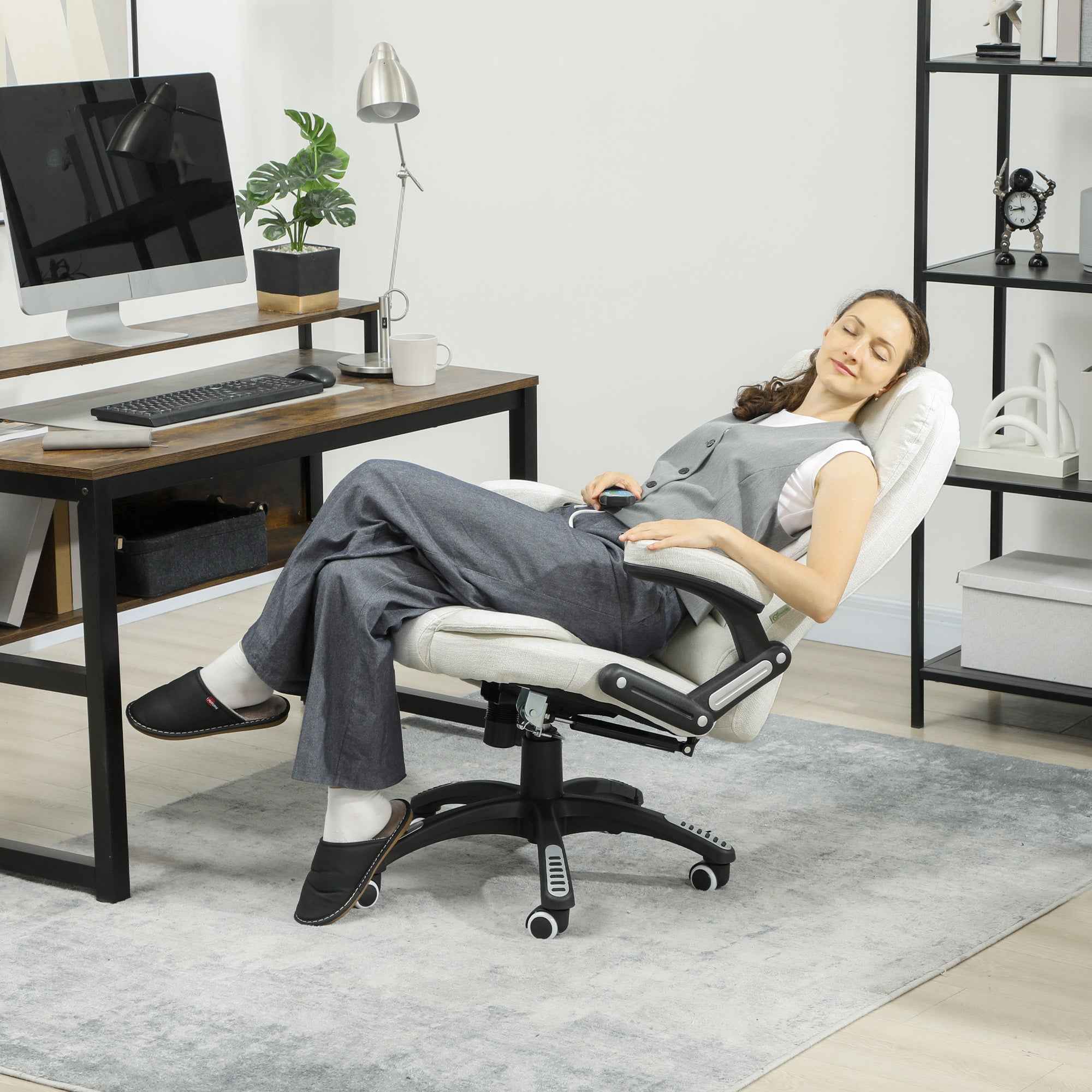 Vinsetto Reclining Massage Office Chair with Adjustable Height, Remote Control, Linen-Effect Fabric, Cream