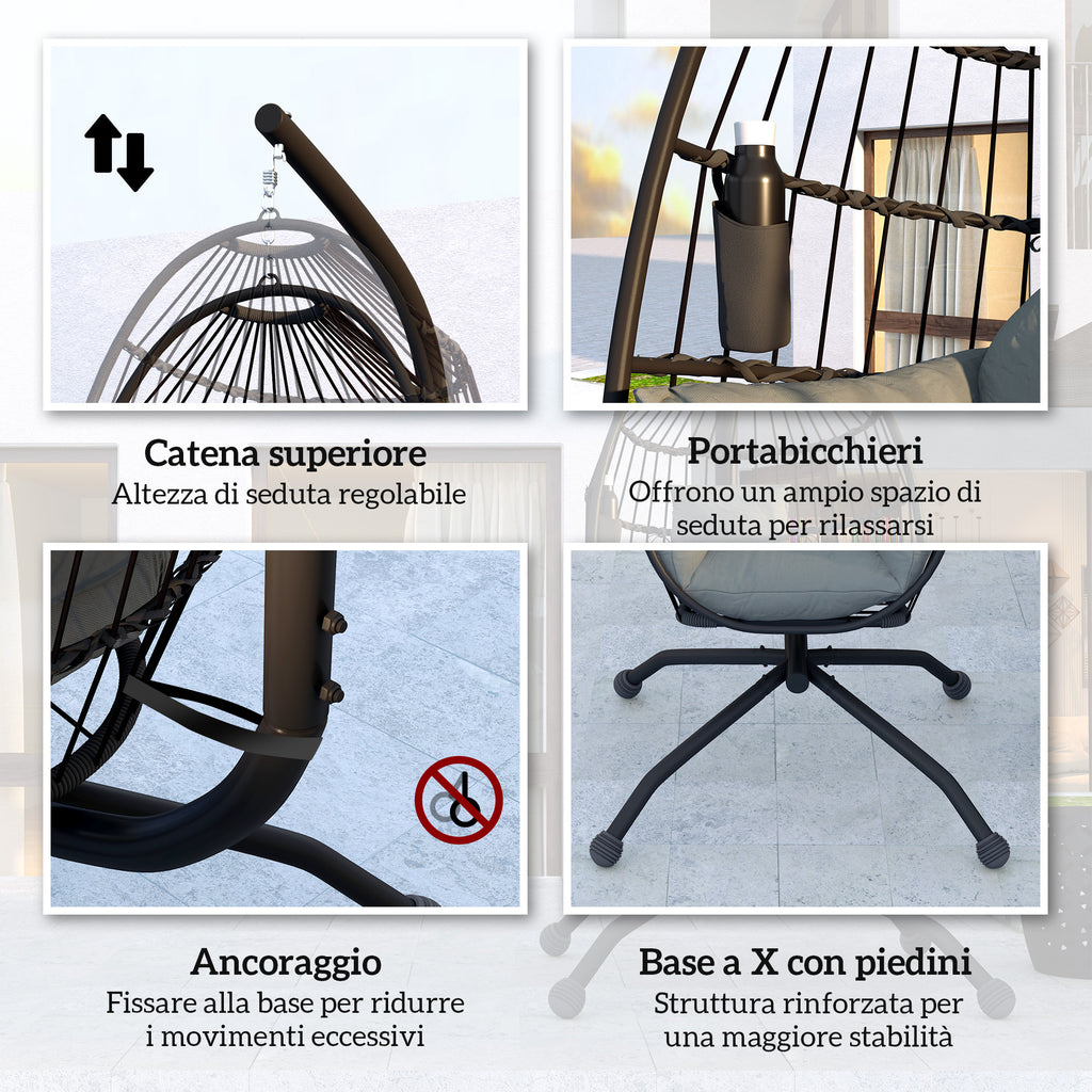 Hanging Egg Chair with Adjustable Hook, 2 Cushions and Basket, Steel, 120x88x192 cm, Black and Grey