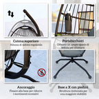 Hanging Egg Chair with Adjustable Hook, 2 Cushions and Basket, Steel, 120x88x192 cm, Black and Grey