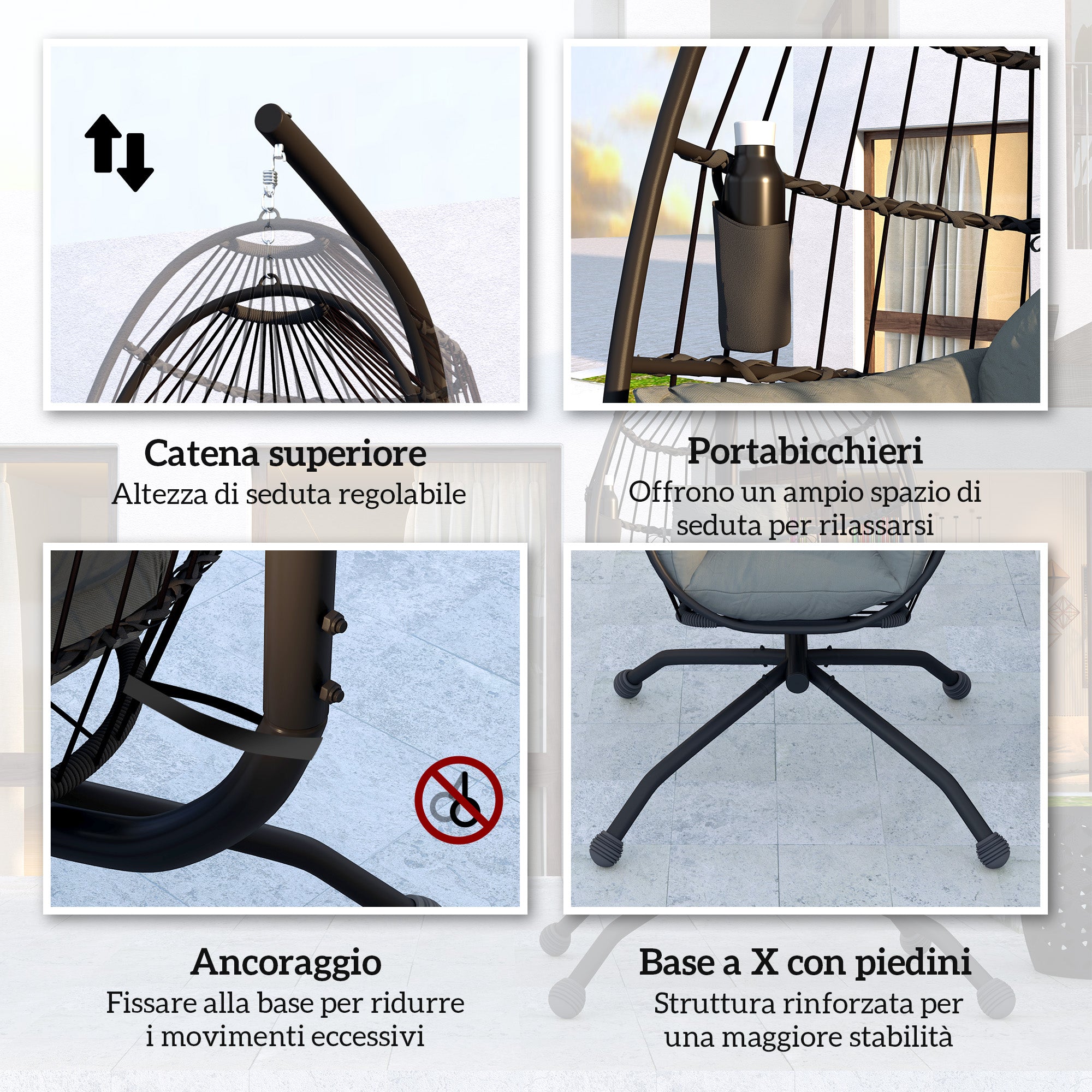 Hanging Egg Chair with Adjustable Hook, 2 Cushions and Basket, Steel, 120x88x192 cm, Black and Grey