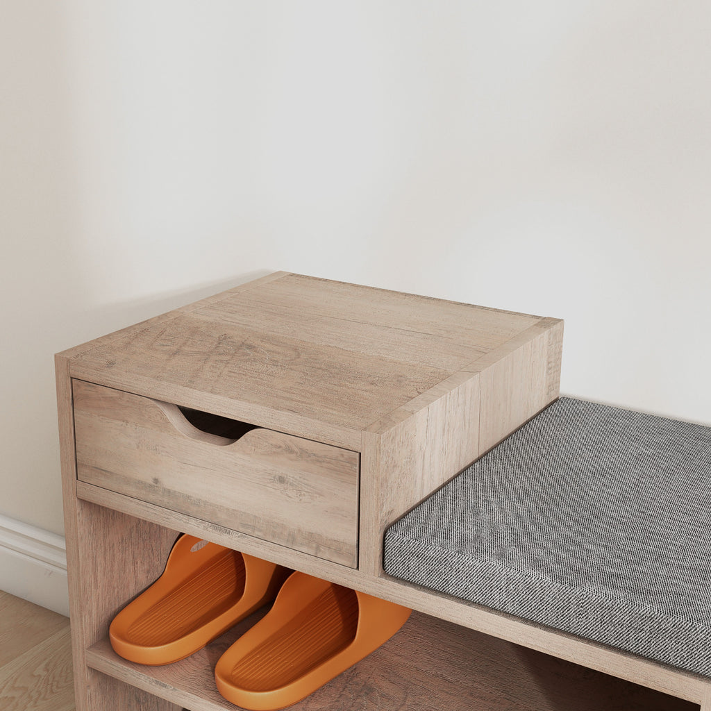 Modern Shoe Bench with 3 Open Shelves and Drawers, Made of Wood, Polyester and Sponge, 76.5x30x52 cm, Grey