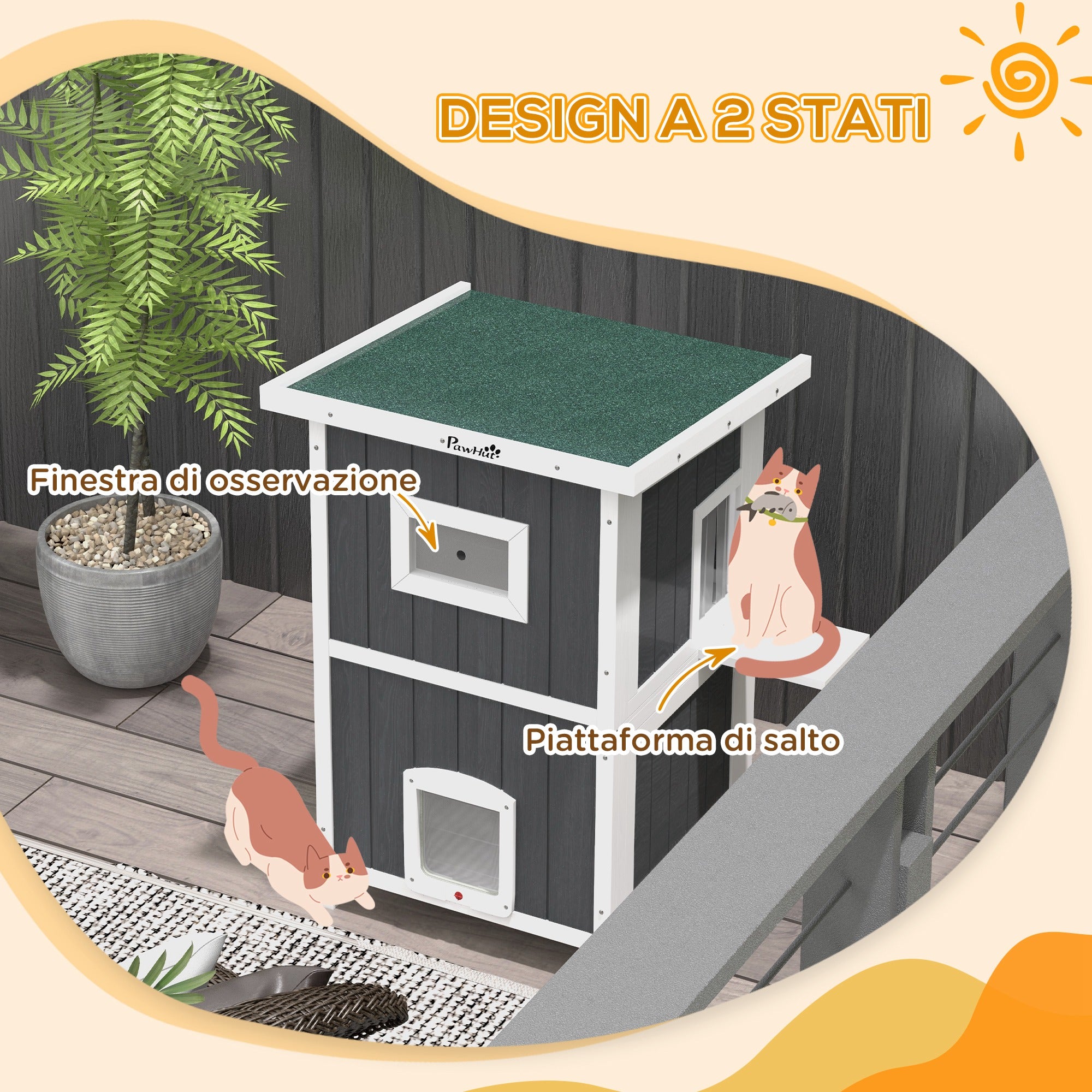 2-Tier Outdoor Wooden Cat Kennel with Asphalt Roof and 4 Doors, 60x60x90.5cm, Gray - Borgè