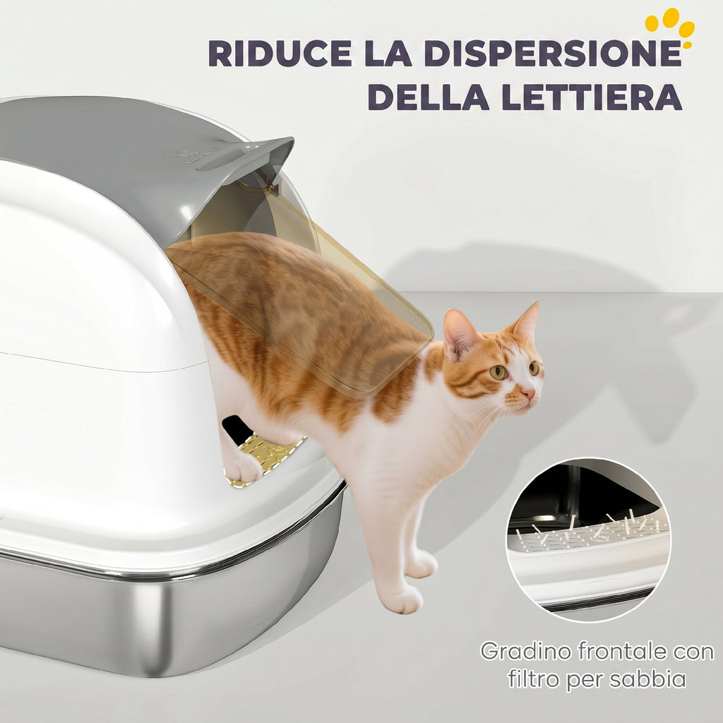 PawHut XL Stainless Steel Enclosed Cat Litter Box with Lift-Off Lid, Scoop, Deodorant Pack, White