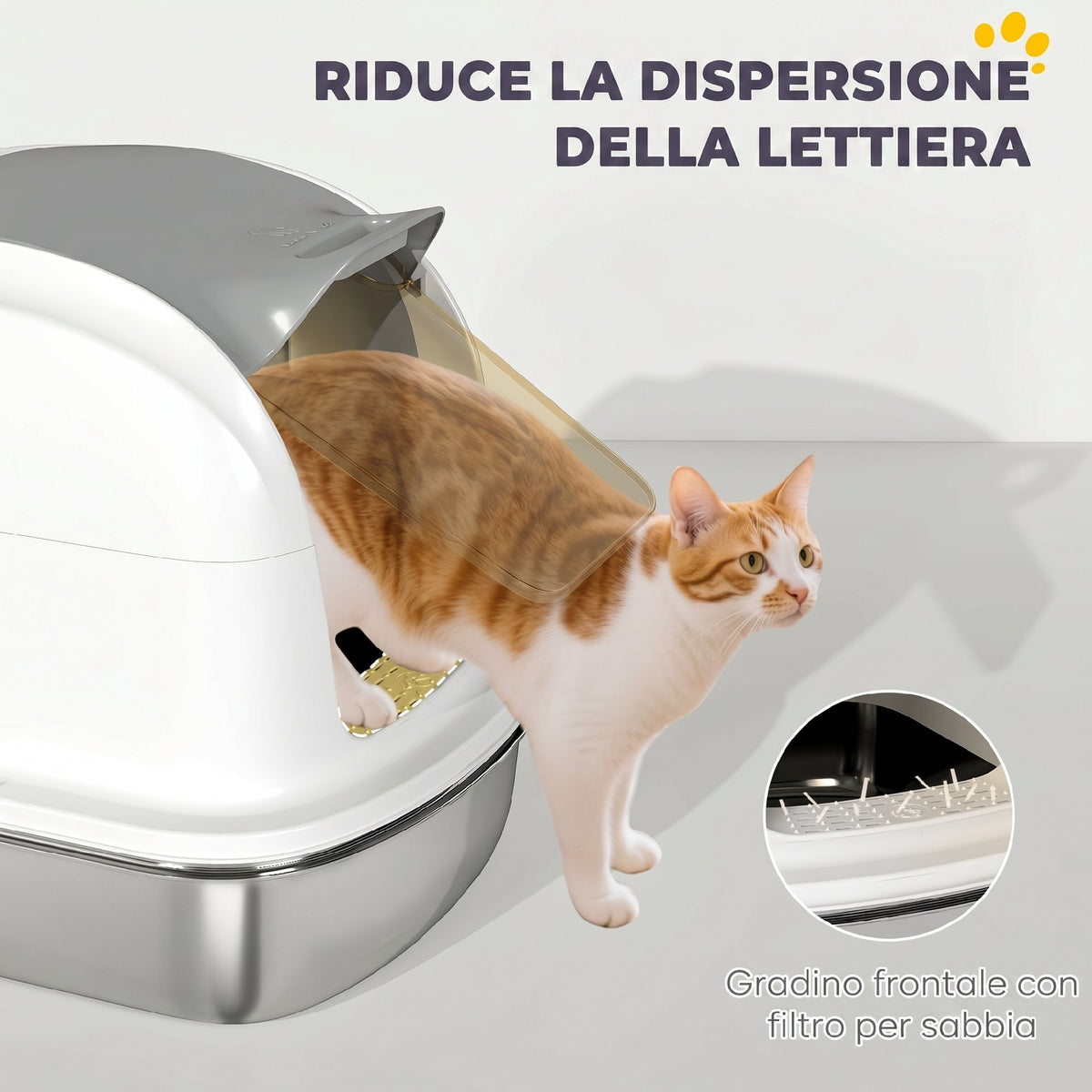 PawHut XL Stainless Steel Enclosed Cat Litter Box with Lift-Off Lid, Scoop, Deodorant Pack, White