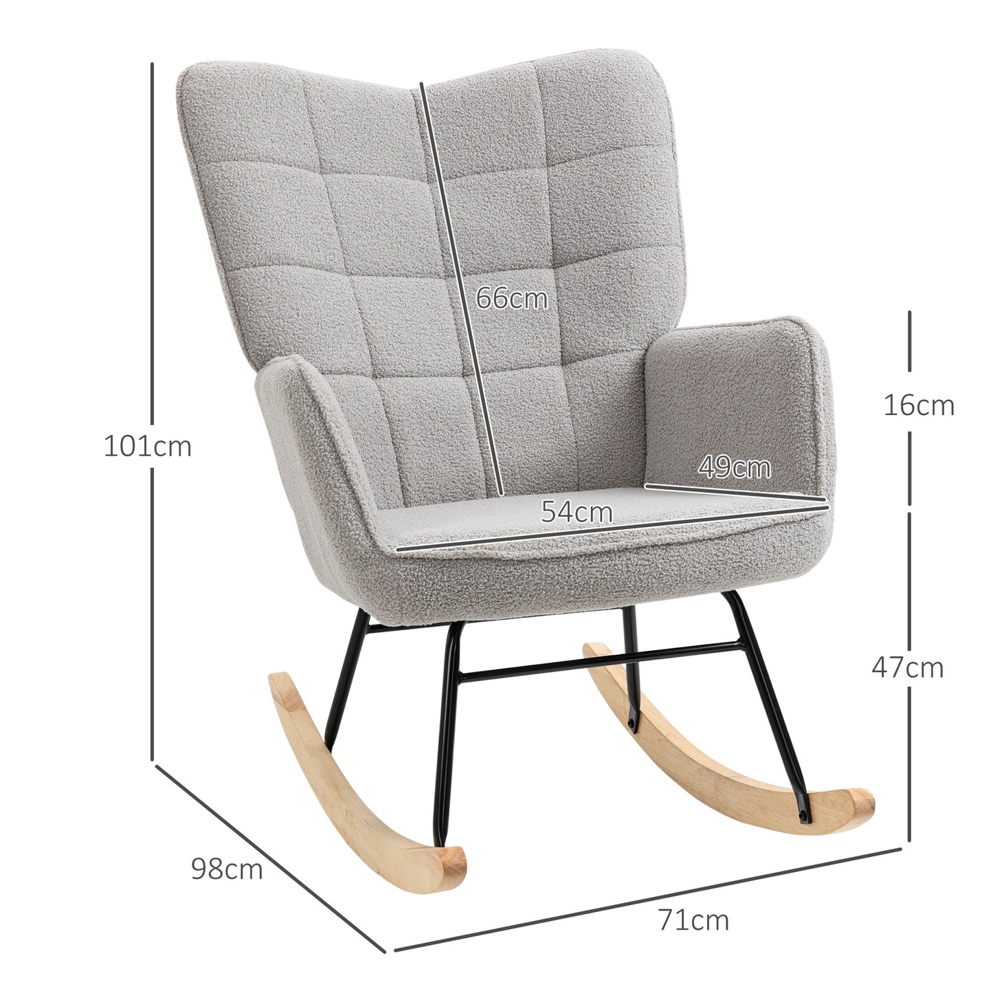 Padded Rocking Armchair in Wood and Steel with Bouclé Covering, 71x98x101 cm, Gray