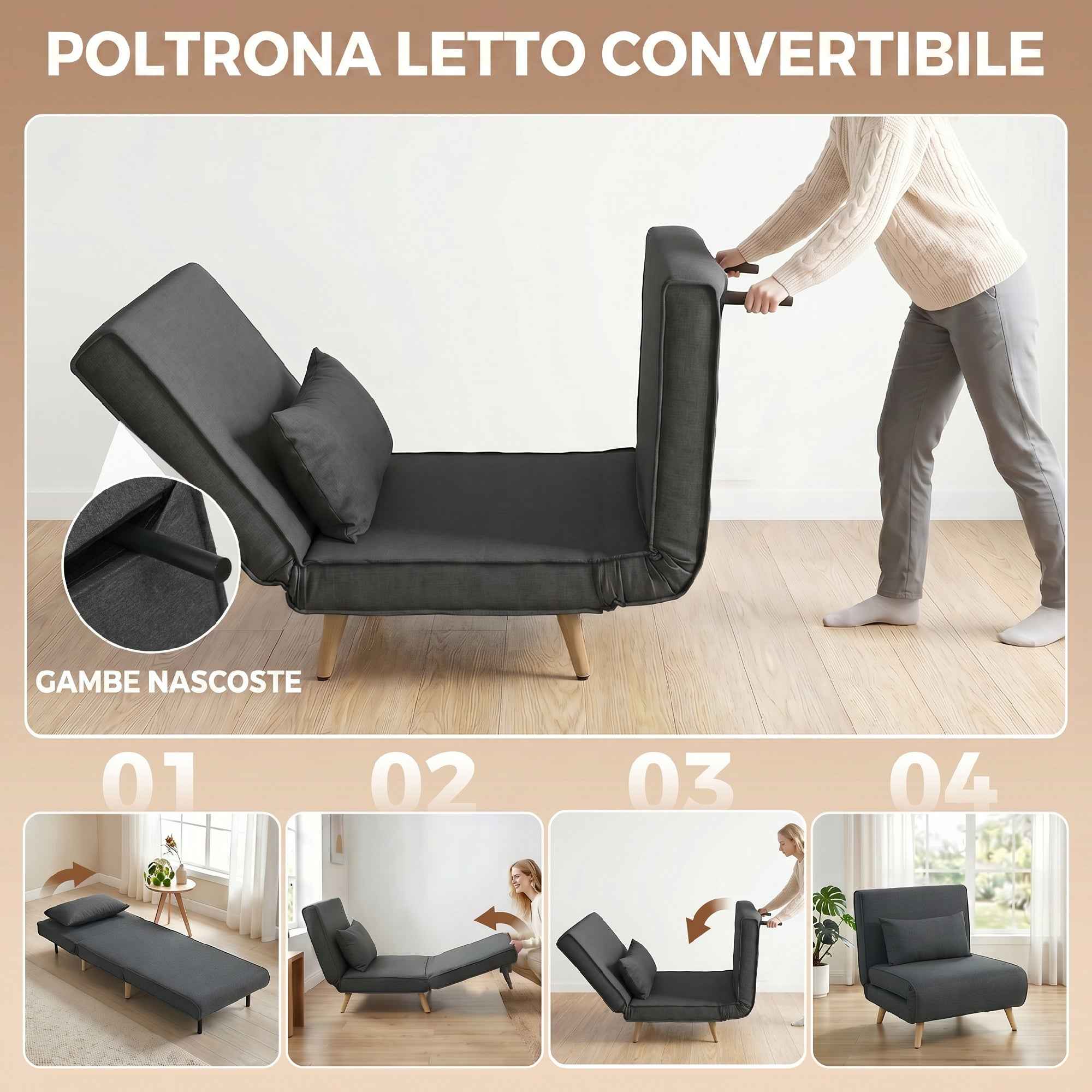 HOMCOM 3-in-1 Single Sofa Bed with 3-Level Adjustable Backrest and Cushion, in Linen-Effect Fabric, Grey
