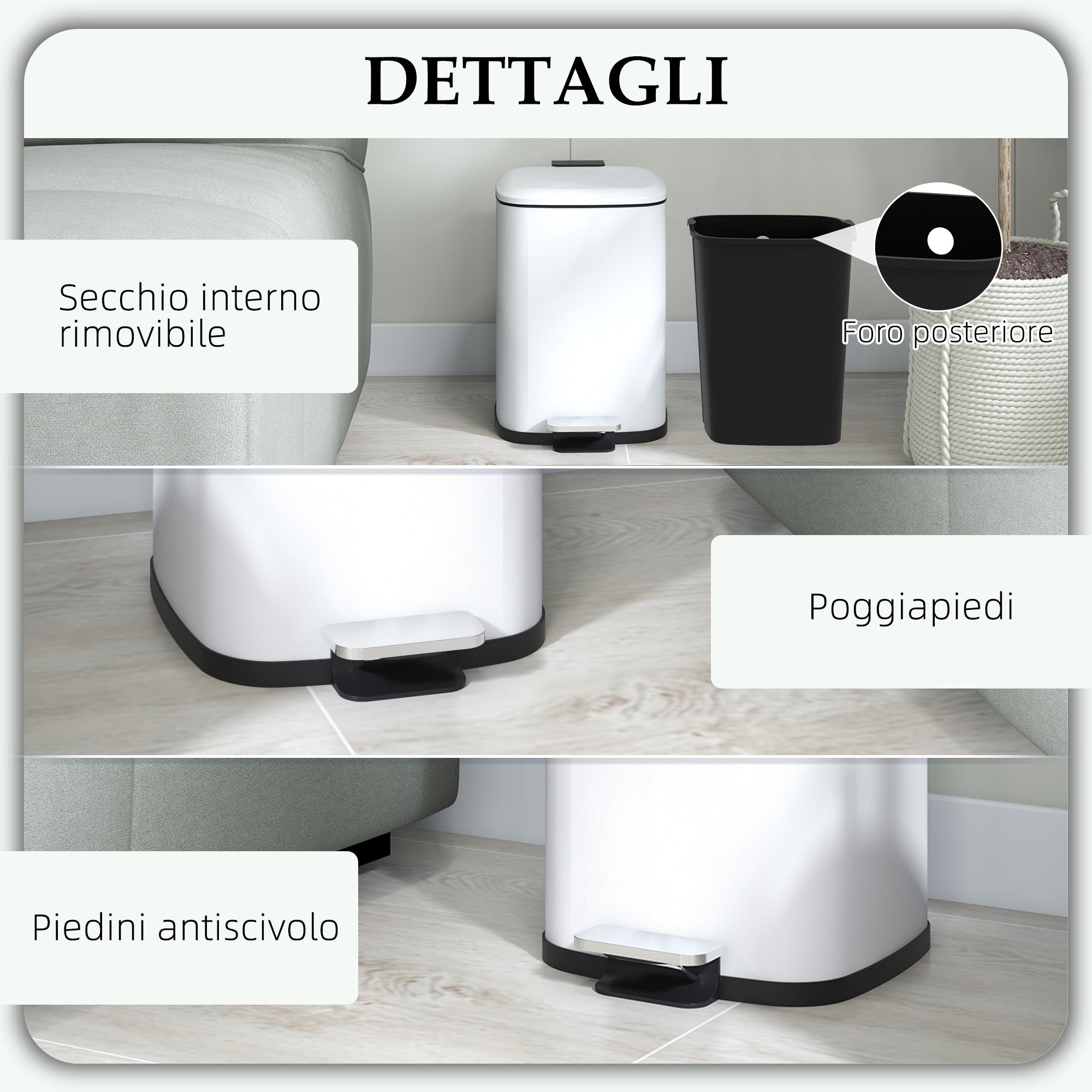 12L Pedal Bin with Silent Closure, Metal and PP, 24.5x32x34.5 cm, White