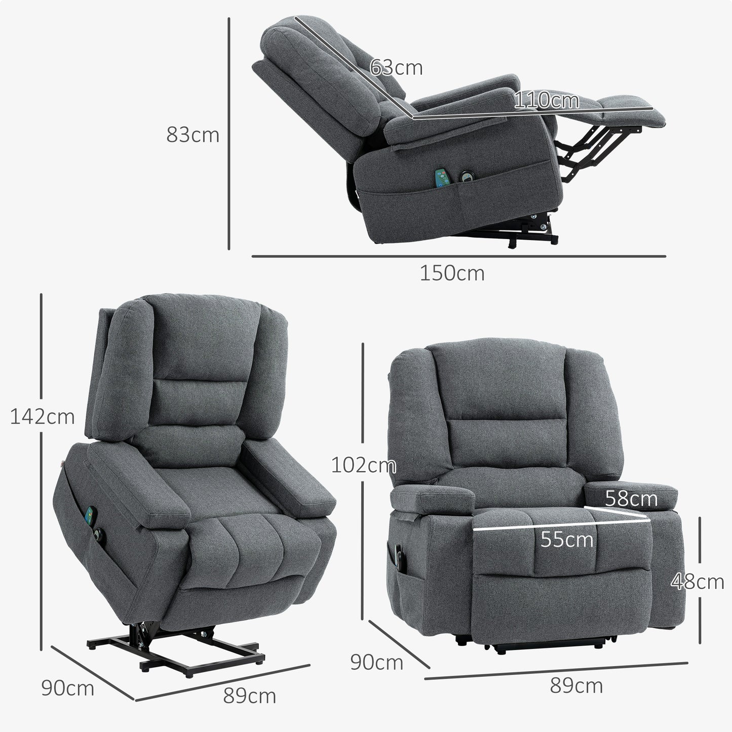 Lift Reclining Chair with 8 Massage Points, in Linen Effect Fabric, 97x90x102 cm, Grey