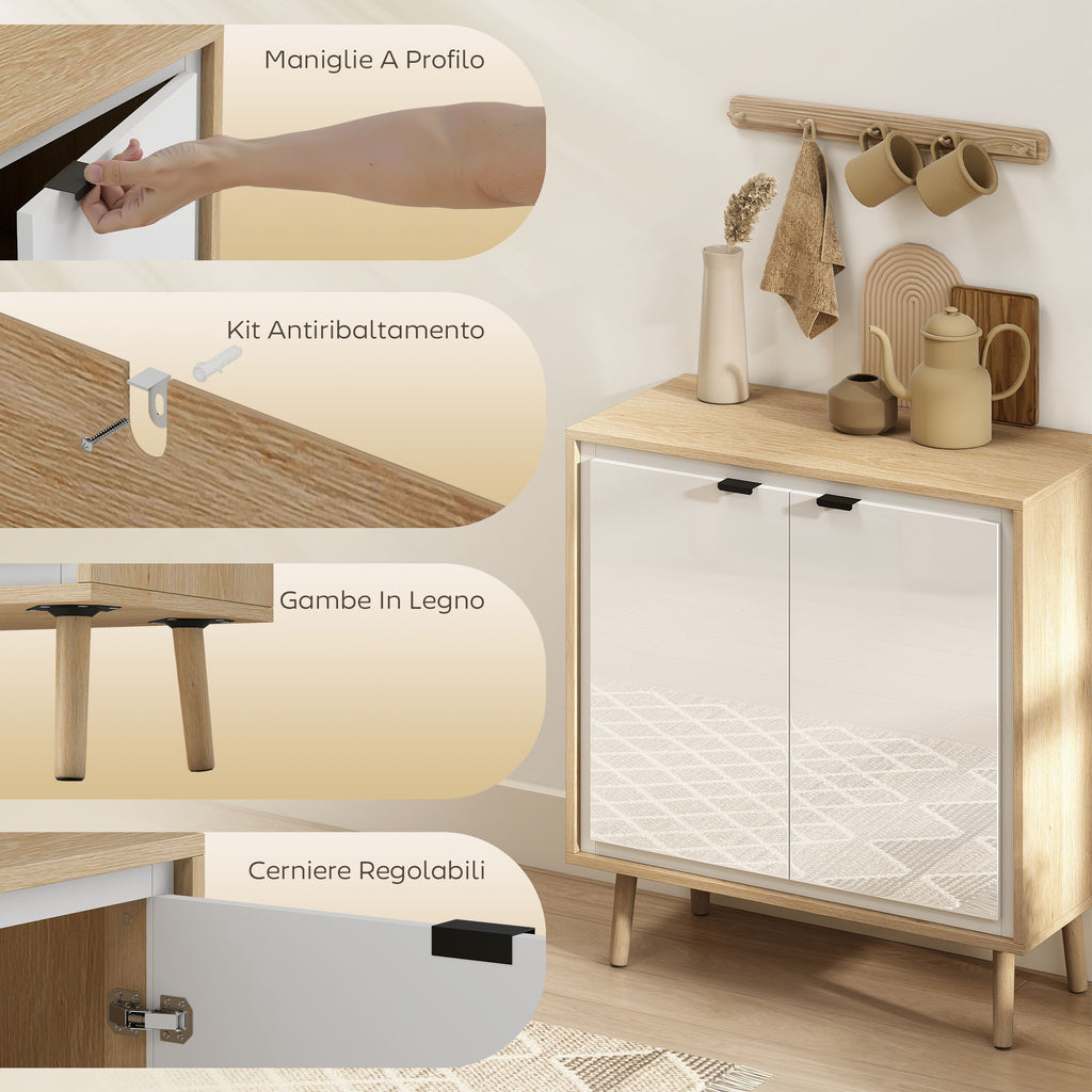 Modern 2-Door Sideboard with Adjustable Shelf, 72x35x77 cm, Gloss White and Oak
