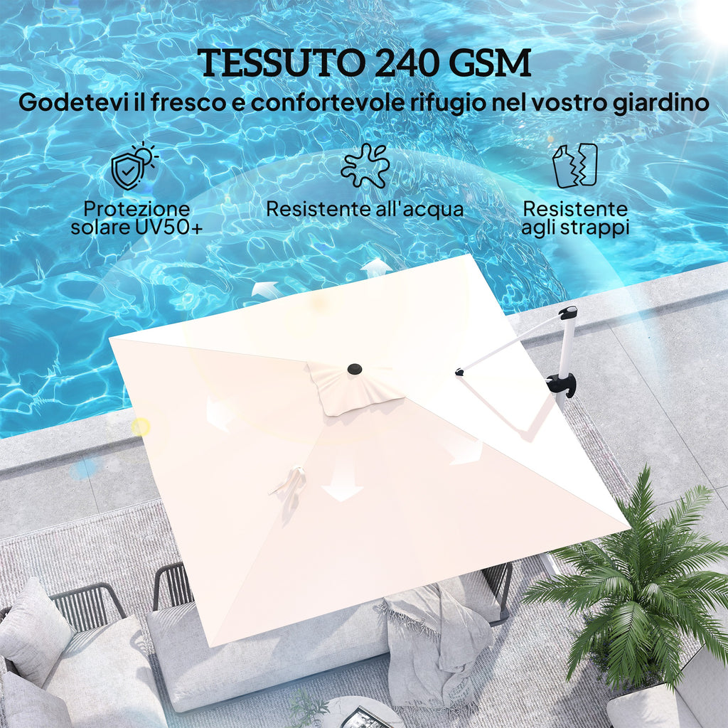 Tilting Arm Umbrella with Cross Base, in Polyester, Aluminum and Metal, 295x295x260 cm, Khaki