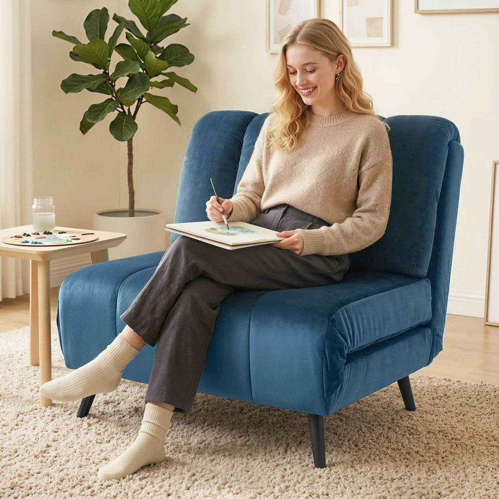 Folding Convertible Sofa Bed with Adjustable Backrest, Blue