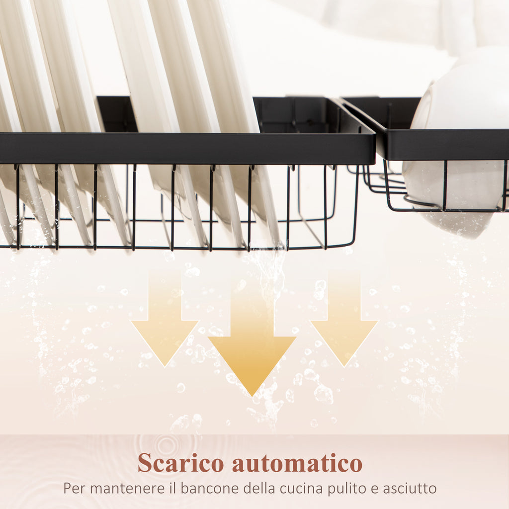2-Tier Modular Sink Dish Drainer with Non-Slip Feet, Steel, 65x31.5x52.5 cm, Black