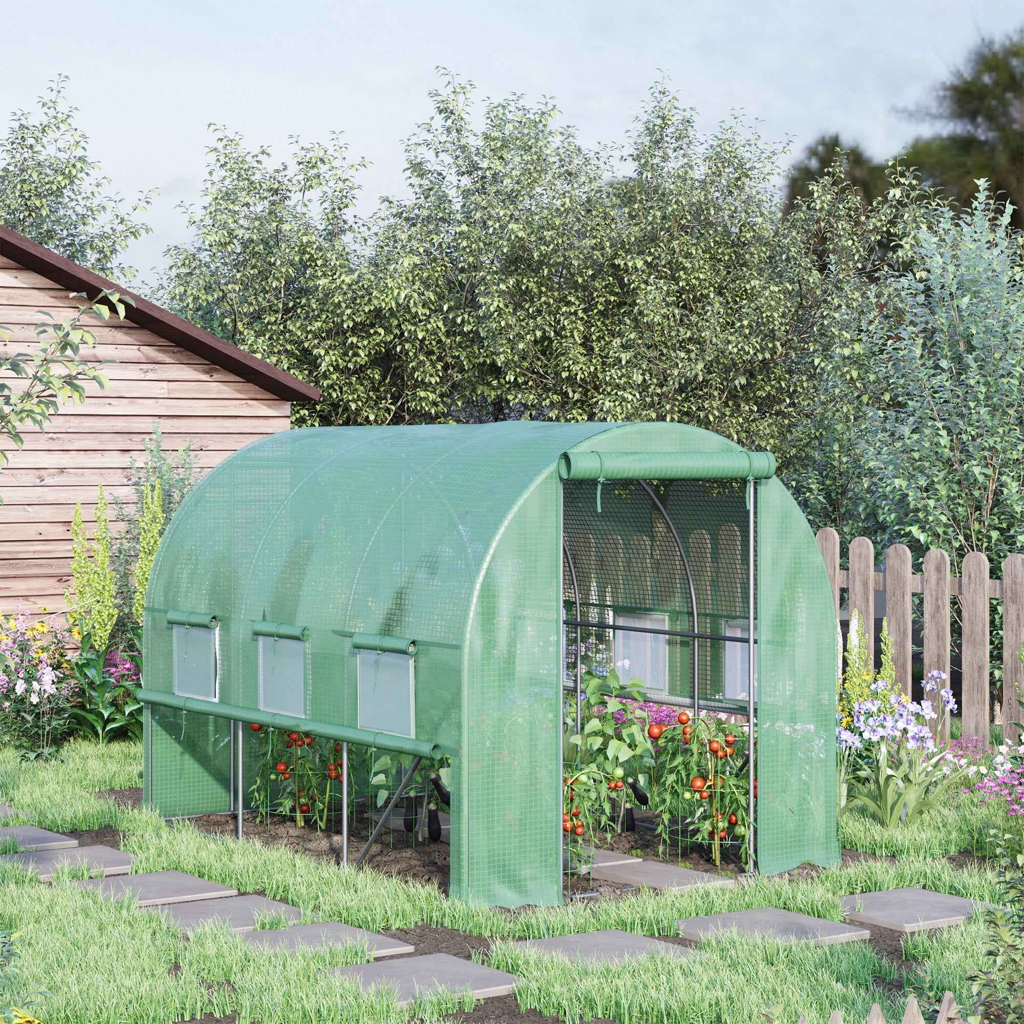 Outsunny 3x2x2m Steel Vegetable Garden Greenhouse with PE Cover, Zip Doors and Mesh Windows, Green