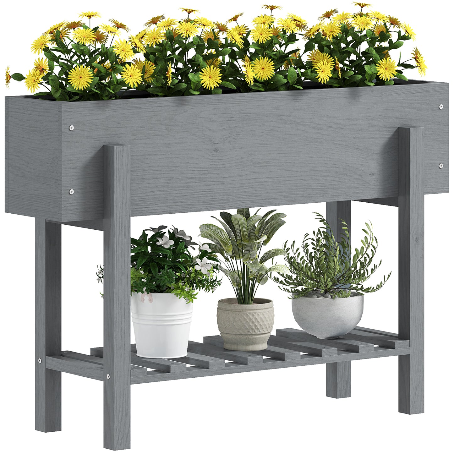 Raised Planter with Lower Shelf and 2 Drainage Holes, Fir Wood, 100x30x70.5 cm, Grey