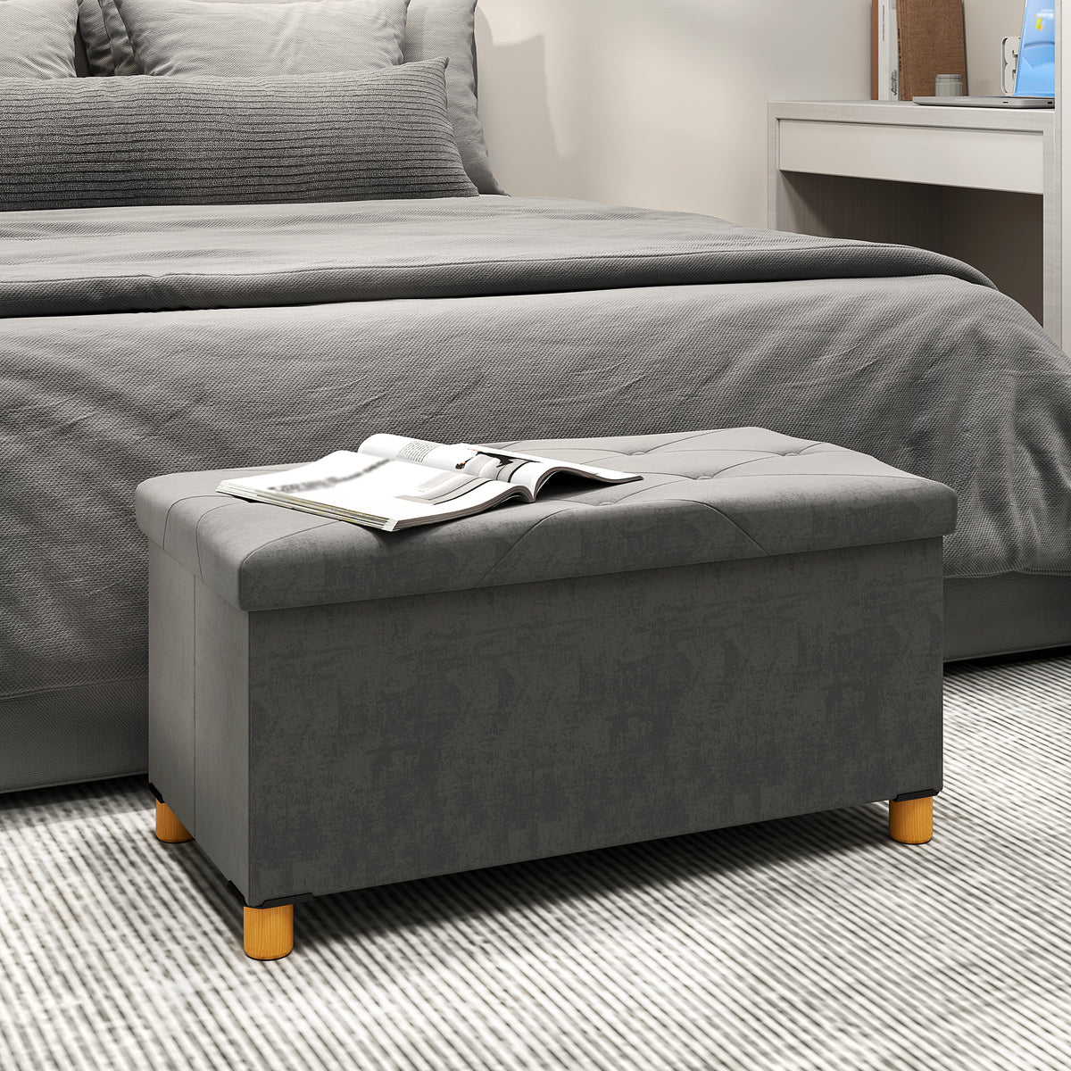 HOMCOM 67L Folding Storage Bench with Padded Lid and Velvet Lining, 76x38x38cm, Grey