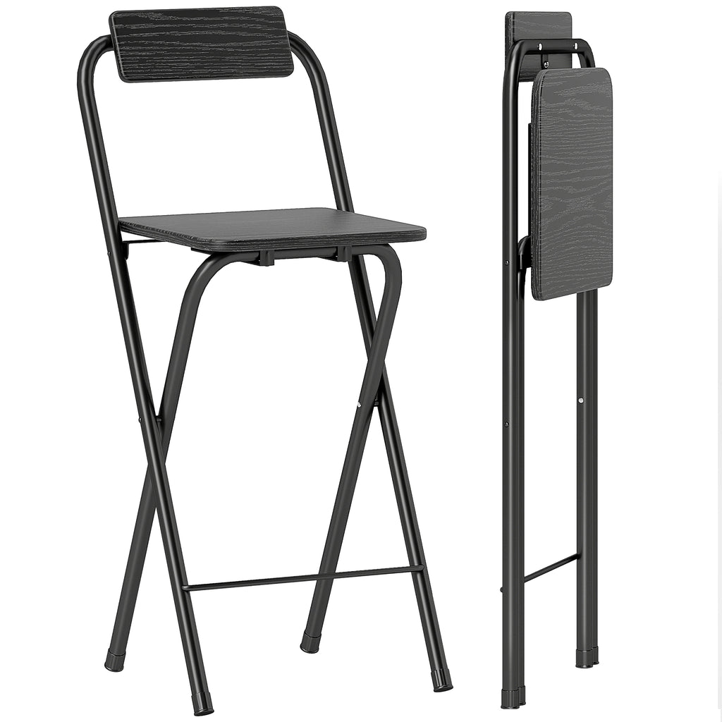 Set of 2 Folding Bar Stools with Footrest, Wood and Steel, 37x45x87 cm, Black